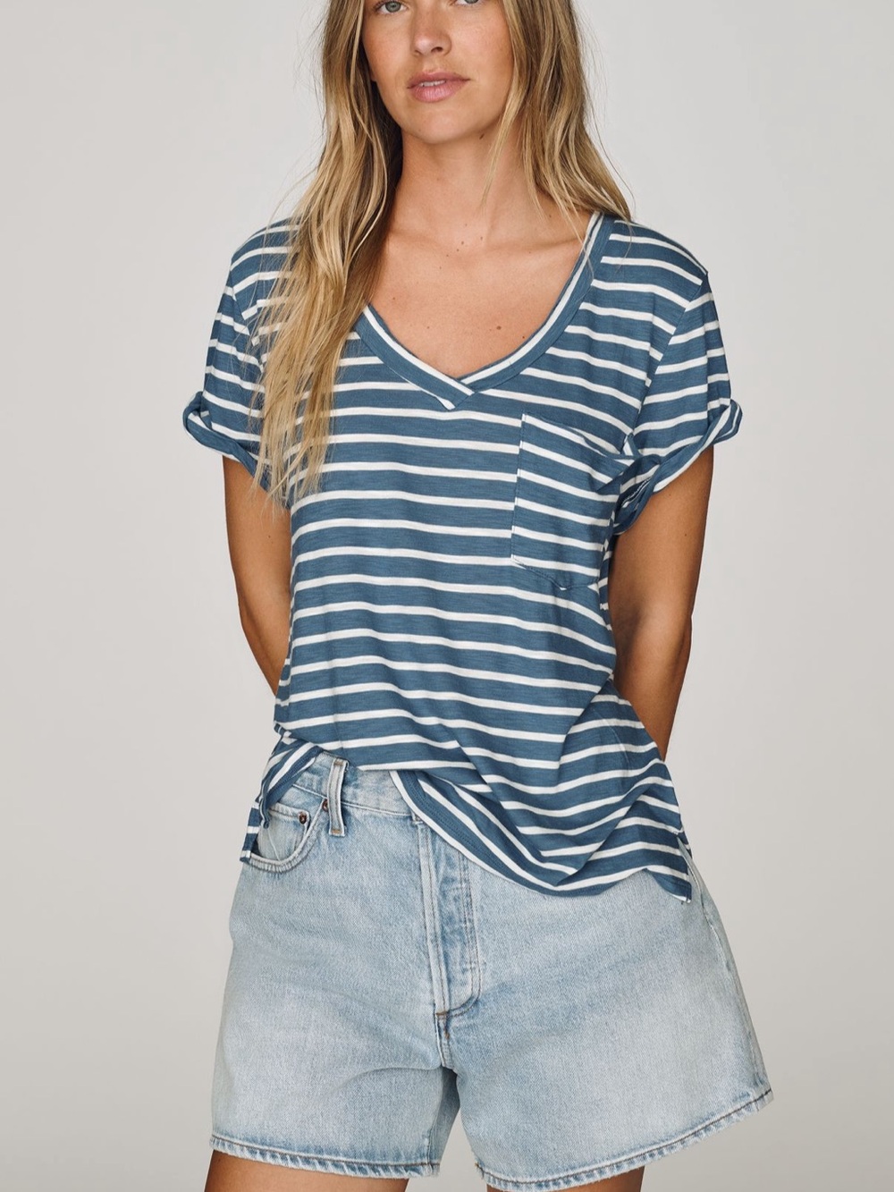 Anthropologie Pilcro Striped V-Neck Pocket Tee - Blue/White
